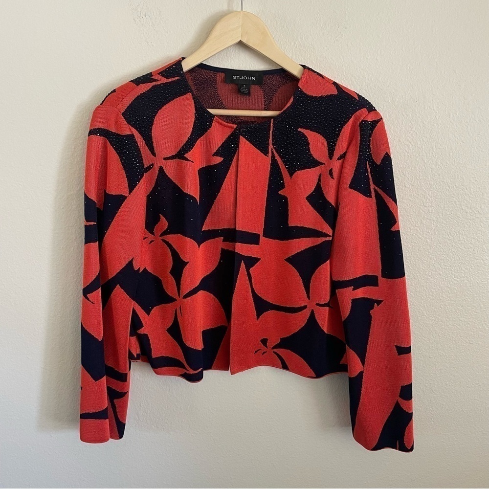 St. John Rhinestone Knit Jacket Blazer Wool Blend Floral Orange Navy Blue Sz 12